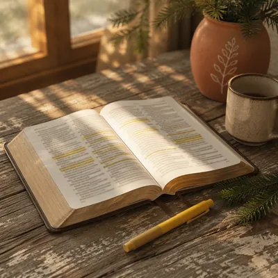 Highlighted Bible Passages With Evergreen Sprig