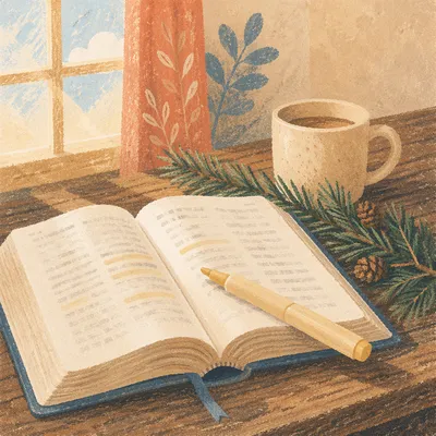 Open Bible with Marker and Evergreen