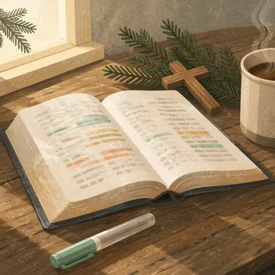 Open Bible with Marker and Evergreen