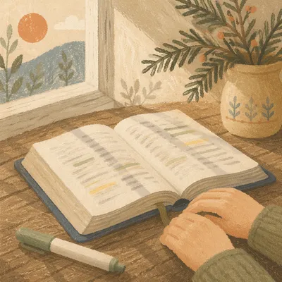 Highlighted Bible Study with Evergreen Sprig