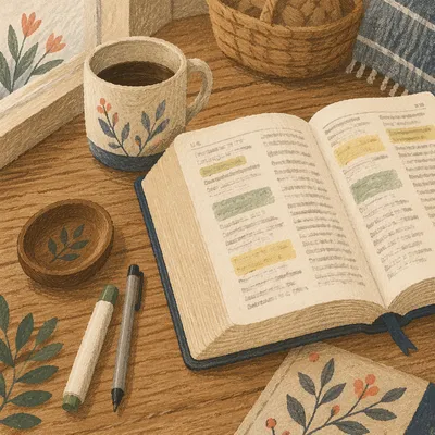 Open Bible with Marker and Coffee