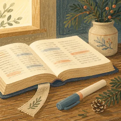 Highlighted Bible Passages with Evergreen Sprigs