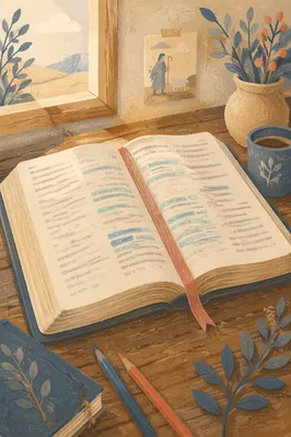Evergreen Highlighted Bible Passages on Rustic Table