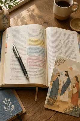 Highlighted Bible Passages on Wooden Desk