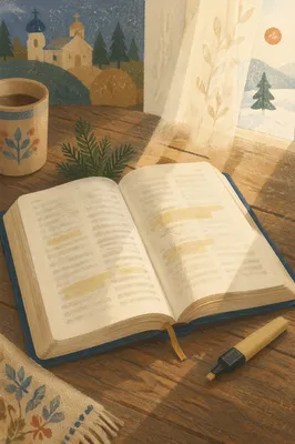 Highlighted Bible with Evergreen Sprig