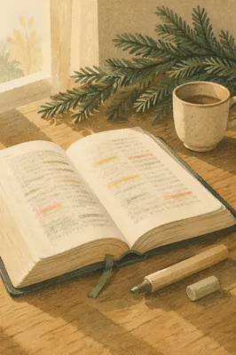 Open Bible with Marker and Evergreen