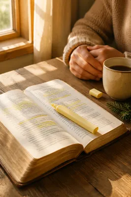 Highlighted Bible Study with Evergreen Sprig