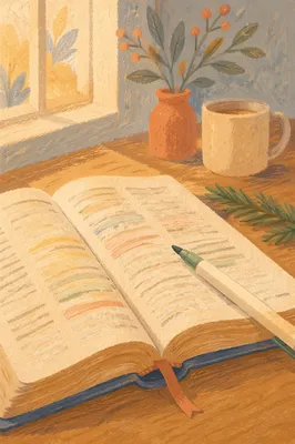 Highlighted Bible Study with Evergreen Sprig