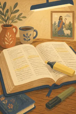 Highlighted Bible Passages on Wooden Desk