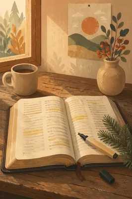 Highlighted Bible with Evergreen Morning Light