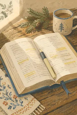 Open Bible with Marker and Evergreen Sprig