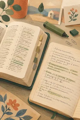 Evergreen Highlighted Bible Passages on Study Desk