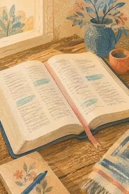 Highlighted Bible Passages on Rustic Table
