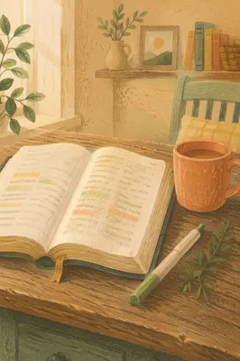 Highlighted Bible Study with Evergreen Sprig
