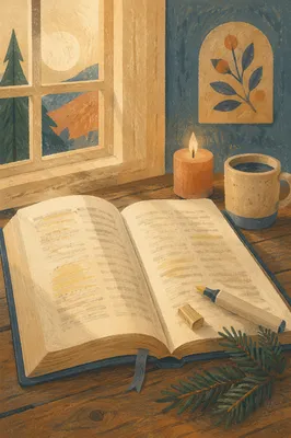 Open Bible with Marker and Candle