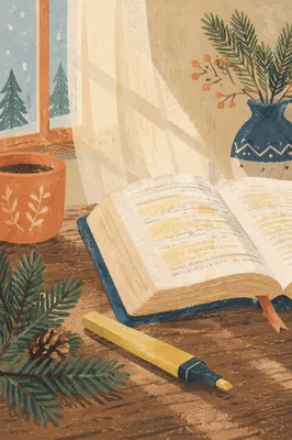 Open Bible with Evergreen and Marker