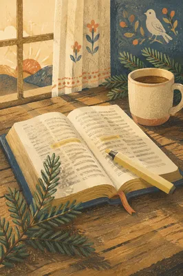 Open Bible with Evergreen and Marker