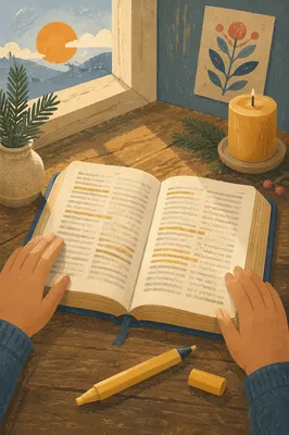 Highlighted Bible Study with Evergreen Candle