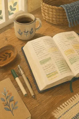 Highlighted Bible Passages on Rustic Table