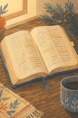 Highlighted Bible Pages with Evergreen Sprig