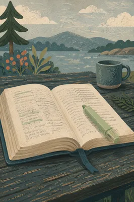 Evergreen Highlighted Bible on Weathered Table
