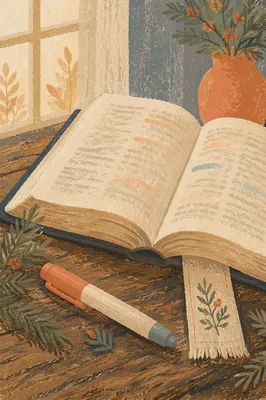 Highlighted Bible Study with Evergreen Sprigs