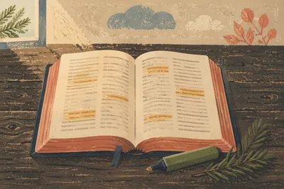 Open Scripture Book with Evergreen Sprig