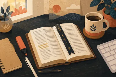 Highlighted Bible Study Desk with Coffee