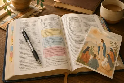 Highlighted Bible Study on Warm Wooden Desk