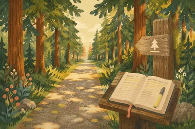Highlighted Scripture Trail Marker on Evergreen Path