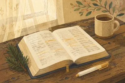Highlighted Bible With Evergreen Sprig