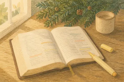 Open Bible with Marker and Evergreen