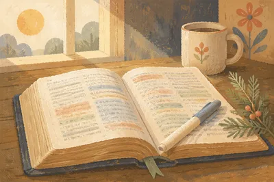 Highlighted Bible Study with Evergreen Sprig