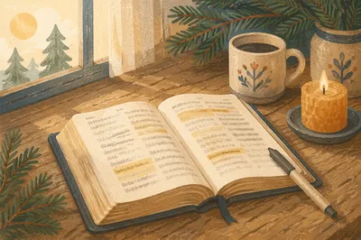 Open Bible with Marker and Evergreen