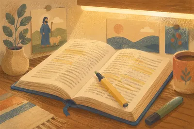 Highlighted Bible Passages on Wooden Desk