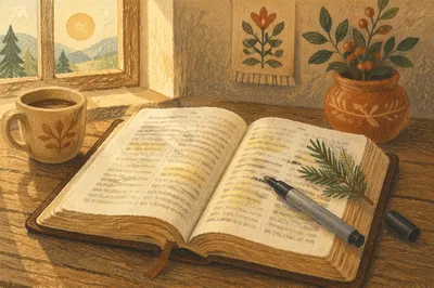 Highlighted Bible Passages with Evergreen Sprig