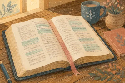 Highlighted Bible Passages on Rustic Table