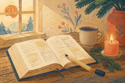 Open Bible with Marker and Evergreen
