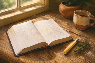 Highlighted Bible Passages with Evergreen Sprig