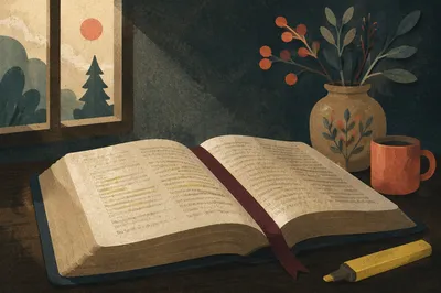 Highlighted Bible Passages with Burgundy Ribbon