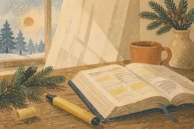 Highlighted Bible with Evergreen Morning Devotion