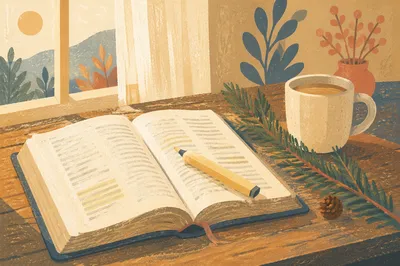 Open Bible with Evergreen and Marker