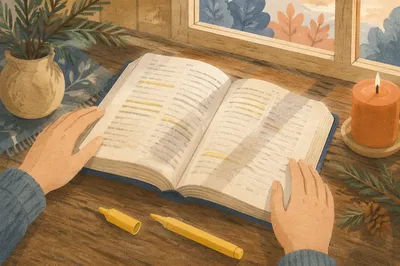 Highlighted Bible Study with Evergreen Candle