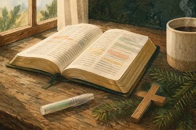 Open Bible with Marker and Evergreens