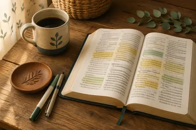 Open Bible with Marker on Wooden Table