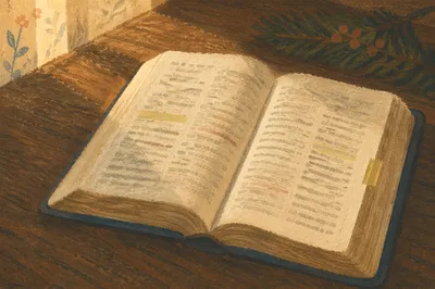 Highlighted Bible Pages on Wooden Table