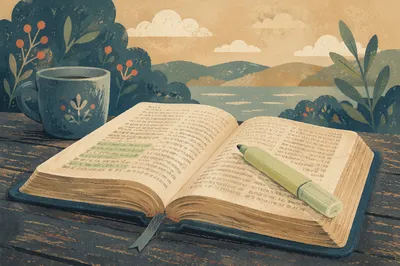 Evergreen Highlighted Bible on Weathered Wood