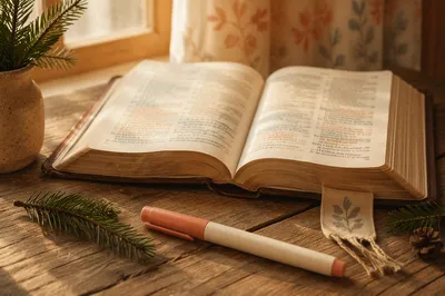 Highlighted Bible Passages with Evergreen Sprigs