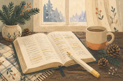 Highlighted Bible Devotion with Evergreen Sprigs