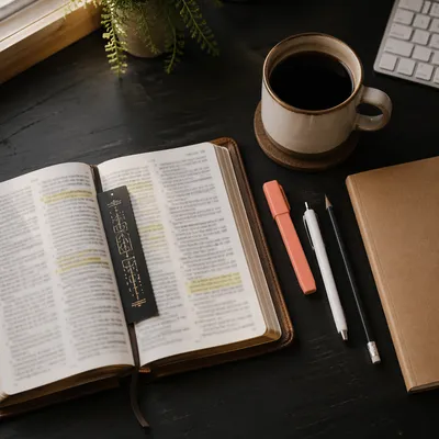 Highlighted Bible Study Desk with Coffee